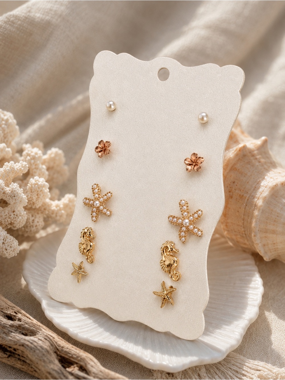 Gold & Rose Gold seahorse, starfish, hibiscus 5 pairs Earring Set